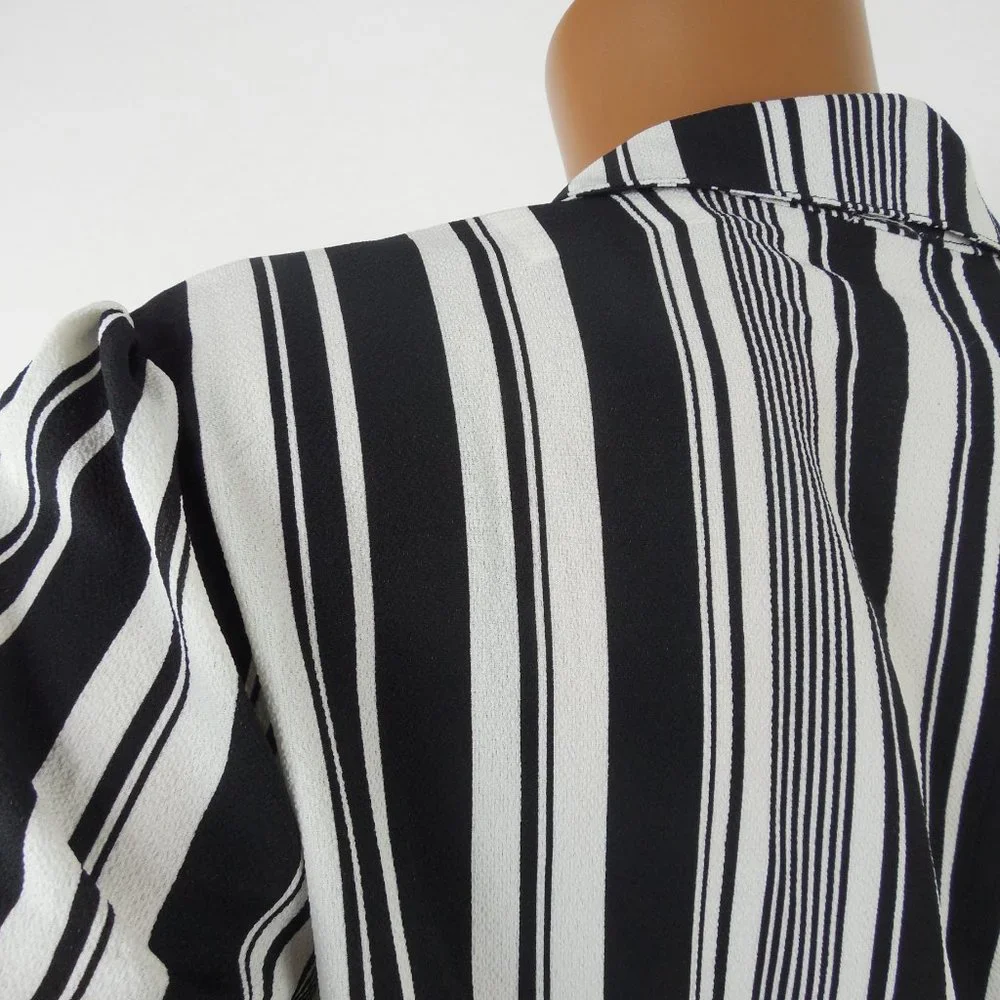 DRESSBARN Top M Black/White Striped Blouse NWT Hi/Low Stretch Roll Tab Long Slvs - Picture 9 of 11
